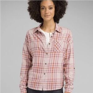 PrAna Percy Button Down Top In Mauve Macro Plaid Size XL